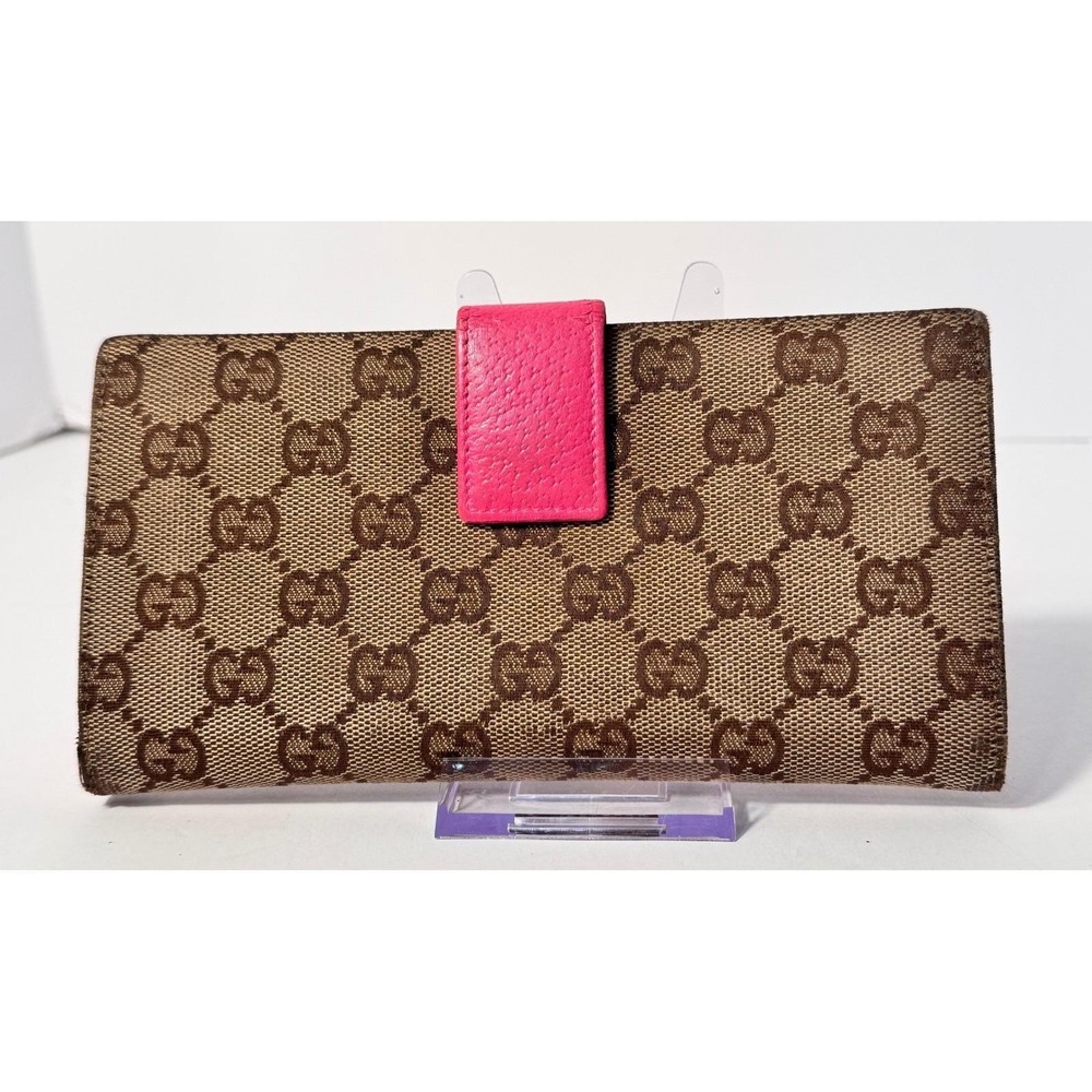 Gucci Eclipse long wallet tri fold w/ gold snap close brown canvas & pinkleather - Picture 1 of 14